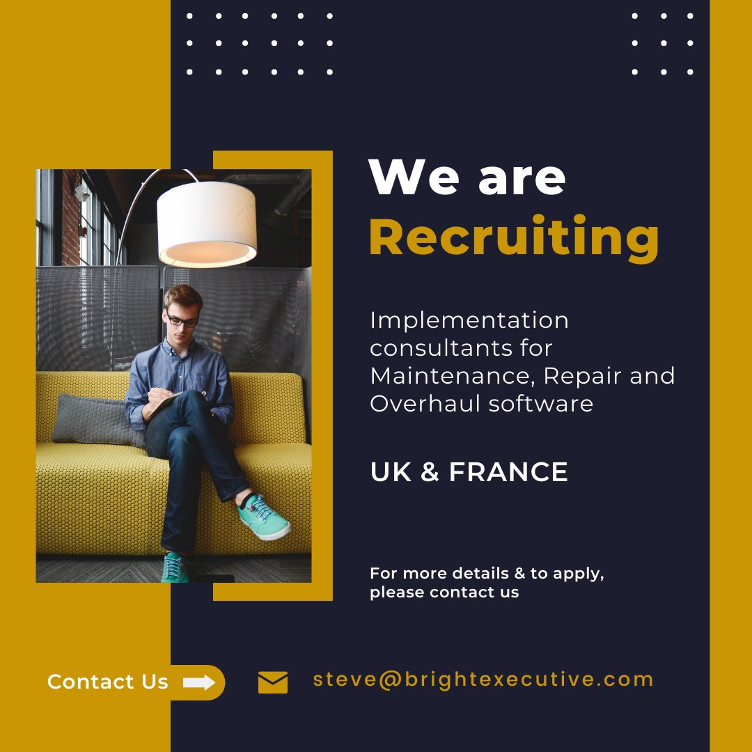 brightjob's tweet photo. 👀 We are hiring! 
Implementation consultants for Maintenance, Repair and Overhaul software.
For more details &amp; to apply, please contact Steve on: steve@brightexecutive.com 
#recruiting #WeAreHiring #implementationconsultant #jobsinuk #ukjobs #jobsinfrance https://t.co/pT51qdIjP5