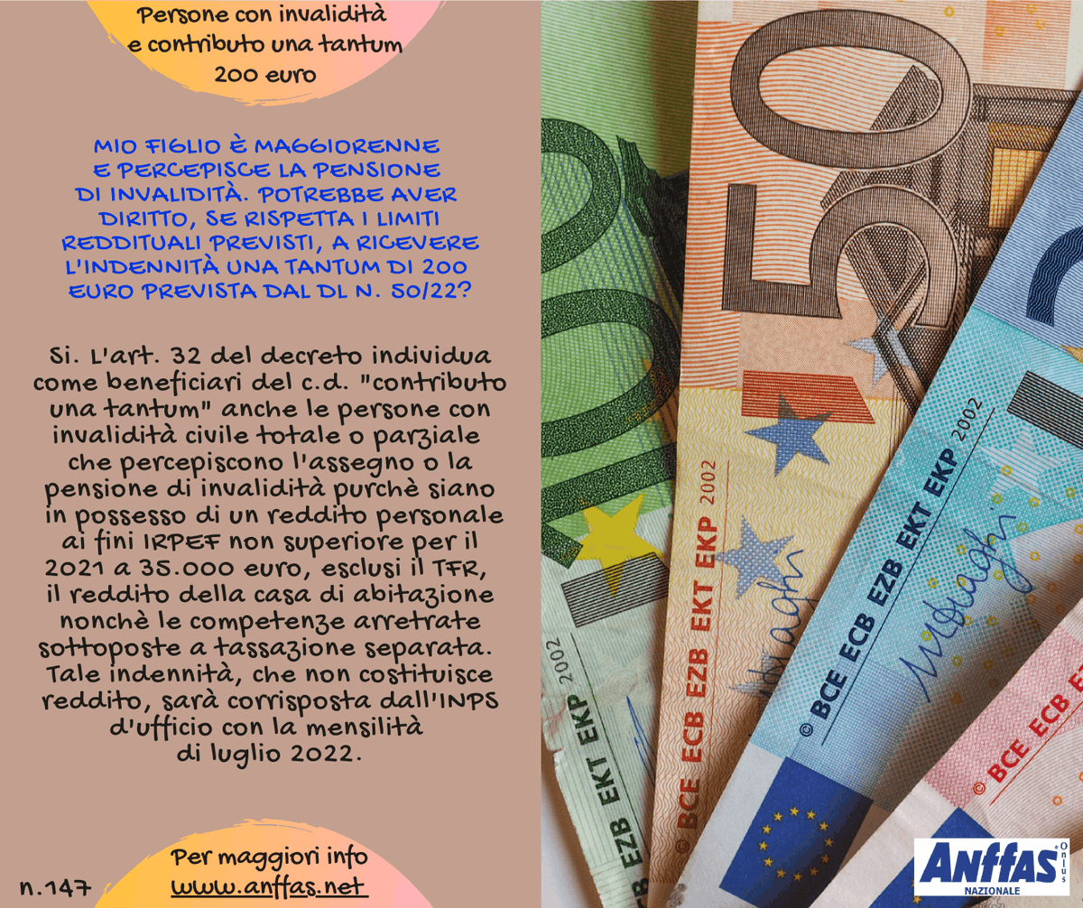 🔎 Gli approfondimenti di #Anffas in pillole ‼
📌 Pillola n. 147 - Mio figlio maggiorenne percepisce la pensione di #invalidità. Potrebbe aver diritto, se rispetta i limiti previsti, a ricevere l'indennità una tantum di 200 euro (dl n.50/22)❓

ℹ Info: anffas.net/it/news/17011/…