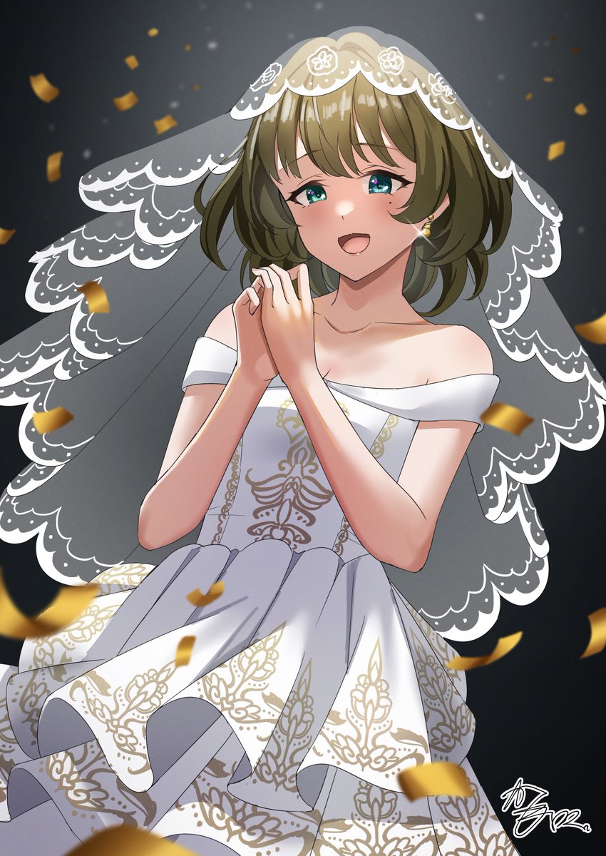 takagaki kaede 1girl dress solo mole under eye mole veil wedding dress  illustration images