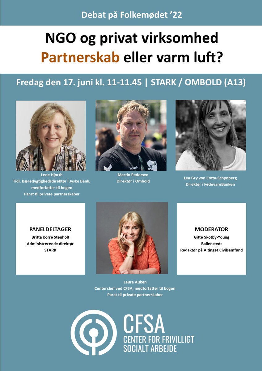Center for frivilligt socialt arbejde (@cfsainfo) on Twitter photo NGO og privat virksomhed: Partnerskab eller varm luft? <a href="/CfsaInfo/">Center for frivilligt socialt arbejde</a> inviterer et stærkt panel fra erhvervsliv og civilsamfund til debat på #FM22 om værdier, udfordringer og redskaber i tværsektorielle #partnerskaber fredag den 17. juni kl. 11.
#dkcivil #innovation #dkbiz NGO og privat virksomhed: Partnerskab eller varm luft? <a href="/CfsaInfo/">Center for frivilligt socialt arbejde</a> inviterer et stærkt panel fra erhvervsliv og civilsamfund til debat på #FM22 om værdier, udfordringer og redskaber i tværsektorielle #partnerskaber fredag den 17. juni kl. 11.
#dkcivil #innovation #dkbiz