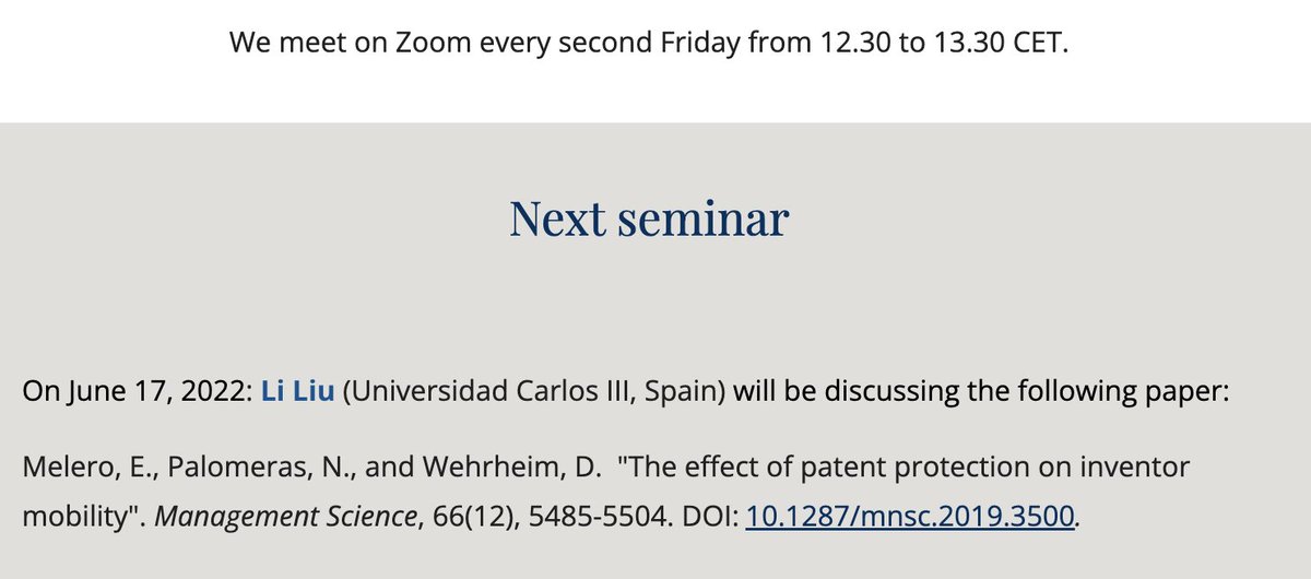 Gaétan de Rassenfosse (@gderasse) on Twitter photo 📢 Last #REGIS seminar of the academic year! Li Liu (Universidad Carlos III 🇪🇸) will discuss <a href="/EdMelero/">Eduardo Melero</a>, <a href="/NeusPalomeras/">Neus Palomeras</a> & <a href="/d_wehrheim/">David Wehrheim</a> paper on the effect of #patent protection on #inventor #mobility, published in #ManSci.
🗓️ Friday, June 17 at 12.30 pm.
👉 regis.science 📢 Last #REGIS seminar of the academic year! Li Liu (Universidad Carlos III 🇪🇸) will discuss <a href="/EdMelero/">Eduardo Melero</a>, <a href="/NeusPalomeras/">Neus Palomeras</a> & <a href="/d_wehrheim/">David Wehrheim</a> paper on the effect of #patent protection on #inventor #mobility, published in #ManSci.
🗓️ Friday, June 17 at 12.30 pm.
👉 regis.science