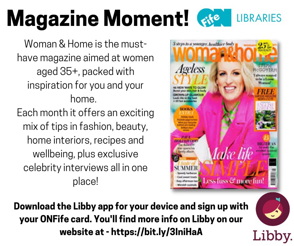 onfifelibraries's tweet photo. Pick up a free magazine courtesy of OnFife libraries today! There are hundreds to choose from and all you need are your OnFife library card and the Libby app! How about giving Woman &amp; Home a try this month? #Libby #FifeLibraries #OnFife https://t.co/K9VUBV7HBL