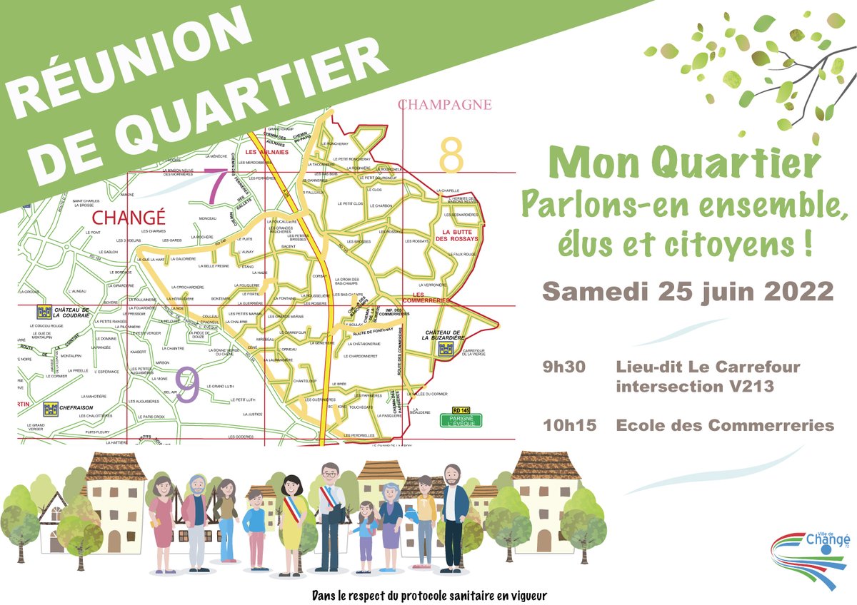 [RÉUNIONS DE QUARTIER]

Les élu(e)s iront à la rencontre des habitants le samedi 25 juin 2022 à partir de 9h30, l'occasion pour les riverains d'échanger et de s'exprimer sur la vie de leur quartier.

Nous vous attendons nombreux !

#reuniondequartier #proximité #citoyen