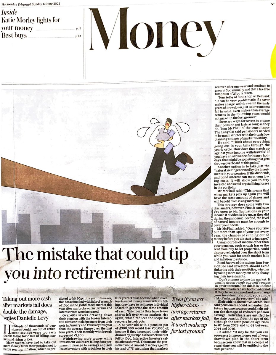My latest piece for <a href="/Telegraph/">The Telegraph</a> explores the double whammy of inflation and falling markets affecting hundreds of thousands of pensioners. For an individual with a £300k pension, this could equate to a £30k loss in income and a pot that runs out two years earlier #pensions #income