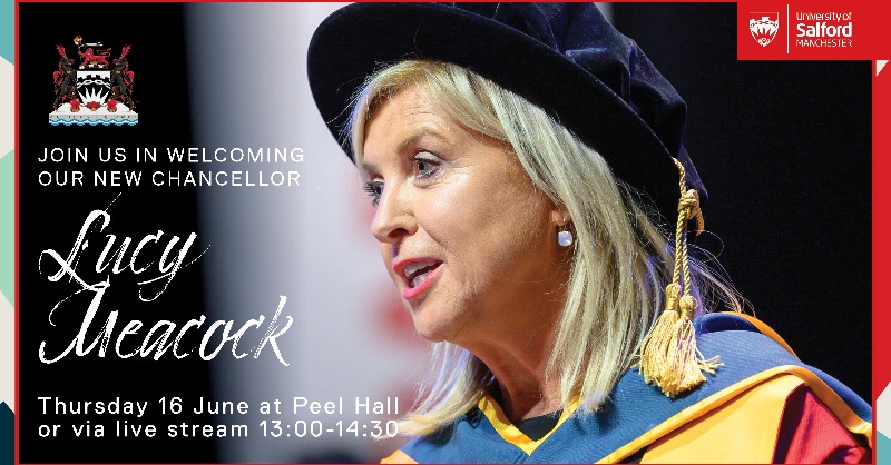 SalfordUni's tweet photo. Join us to celebrate the installation of our new Chancellor Lucy Meacock @lucymitv

The celebration will take place at Peel Hall on Thursday and will also be live streamed on our YouTube channel. 

Follow along live ⬇️