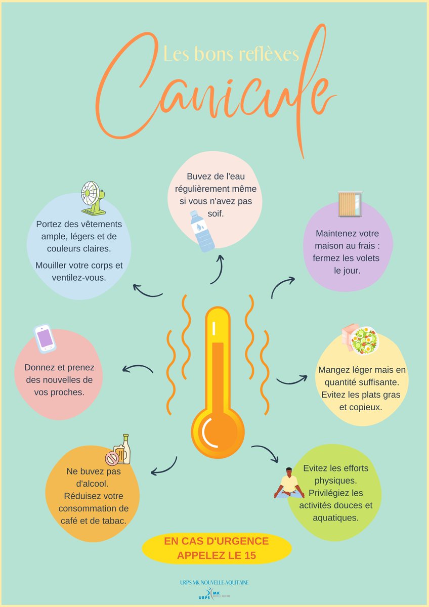 Compte tenu de la vague de chaleur cette semaine, l'URPS MK NA met à votre disposition cette affiche de prévention.

Article complet et lien de téléchargement ici : urpsmk-nouvelleaquitaine.com/canicule/