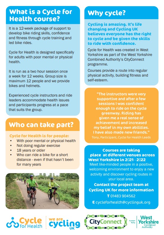 MindWellLeeds's tweet photo. Following on from #CycleWeek, @CyclingUK_Yorks are running Cycling for Health from Nowell Mount Community Centre, Harehills. It's a free 12 week group, running once a week, bike & helmet provided.
Find out more: https://t.co/RH6Z1llXd2
#Cycling #Group #Wellbeing #Confidence https://t.co/gHAxOiFigL
