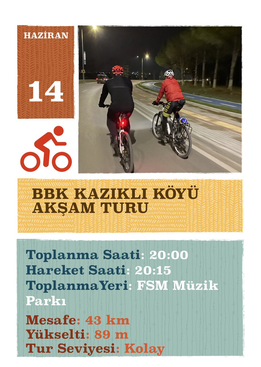Yarın akşamki turumuza bekliyoruz. #bike
#biker
#bikes
#bursa 
#osmangazi 
#nilüfer
#yıldırım
#cyclingfhoto
#mudanya
#etkinlik 
#haftasonu
#doga
#aksamturu
#kamp
#seyahat
#dünyabisikletgünü
