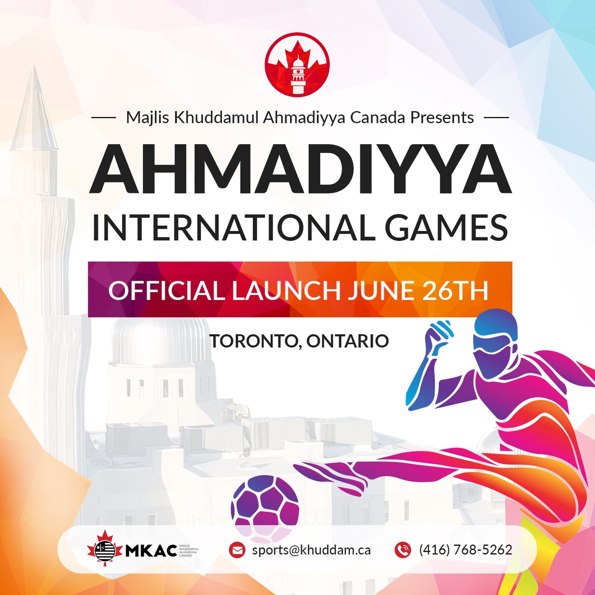 The 1st 𝗔𝗵𝗺𝗮𝗱𝗶𝘆𝘆𝗮 𝗜𝗻𝘁𝗲𝗿𝗻𝗮𝘁𝗶𝗼𝗻𝗮𝗹 𝗚𝗮𝗺𝗲𝘀, organized by Ahmadiyya Muslim Youth Association Canada will be held from June 26, 2022.

Official website for the games is khuddam.ca/games2022 

Official account for the games is <a href="/AMYASports/">SEHAT CLUB CANADA 🇨🇦</a> 

#AhmadiyyaGames