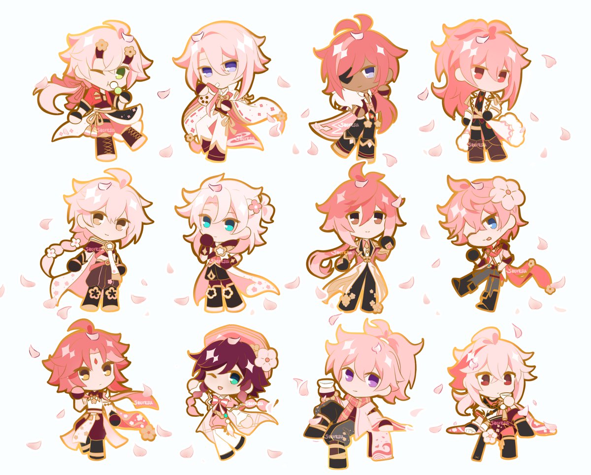 aether (genshin impact) ,diluc (genshin impact) ,kaedehara kazuha ,thoma (genshin impact) ,venti (genshin impact) ,xiao (genshin impact) multiple boys pink hair one eye closed petals red hair long hair ponytail  illustration images