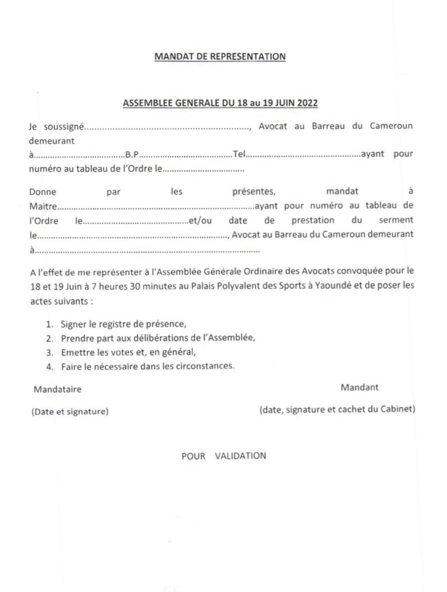 The General Assembly President of the Cameroon Bar lays out modalities for the forthcoming #CameroonBarElections and innovatively attached a Proxy template to ensure that the votes of Cameroon Bar Members that cannot attend in person are also counted.