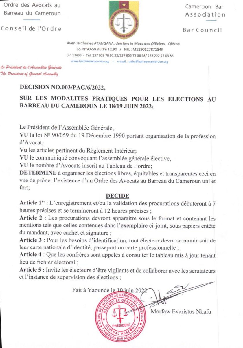 DrPaulCHIY's tweet photo. The General Assembly President of the Cameroon Bar lays out modalities for the forthcoming #CameroonBarElections and innovatively attached a Proxy template to ensure that the votes of Cameroon Bar Members that cannot attend in person are also counted. https://t.co/rJOfCBwieI