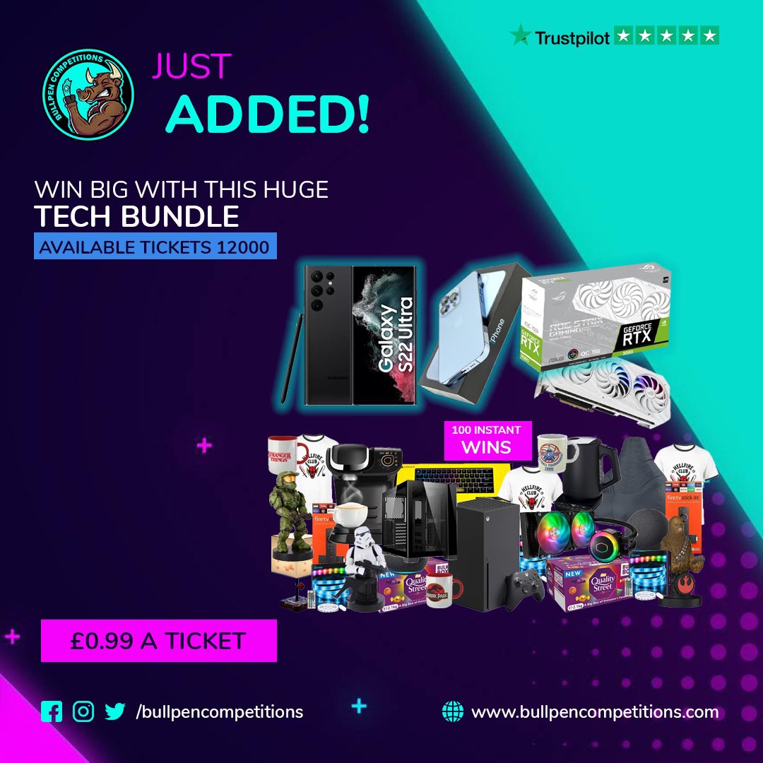 BullpenComps's tweet photo. Imagine winning our new 99p tech bundle! You could win one or more of 100 instant wins and our main prize for as little as 99p! 

You would be crazy to miss out! 

Retweet so you’re friends don’t miss out either 💪

#win #prizes https://t.co/RfxzrKiviX