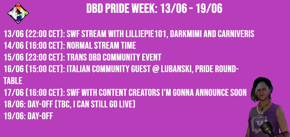 ViragoUltrix's tweet photo. This is the week of Pride: Most likely my last week as "TheJaneRomeroShow" on Twitch, but it will be a great one. So many activities in the @DeadByBHVR LGBTQIA2S+ community! 🌈🏳️‍⚧️

Times of the streams are really unusual (for me), so sign the dates!

#DbDPride #DeadByDaylight #DbD https://t.co/7LtUYSmZfg