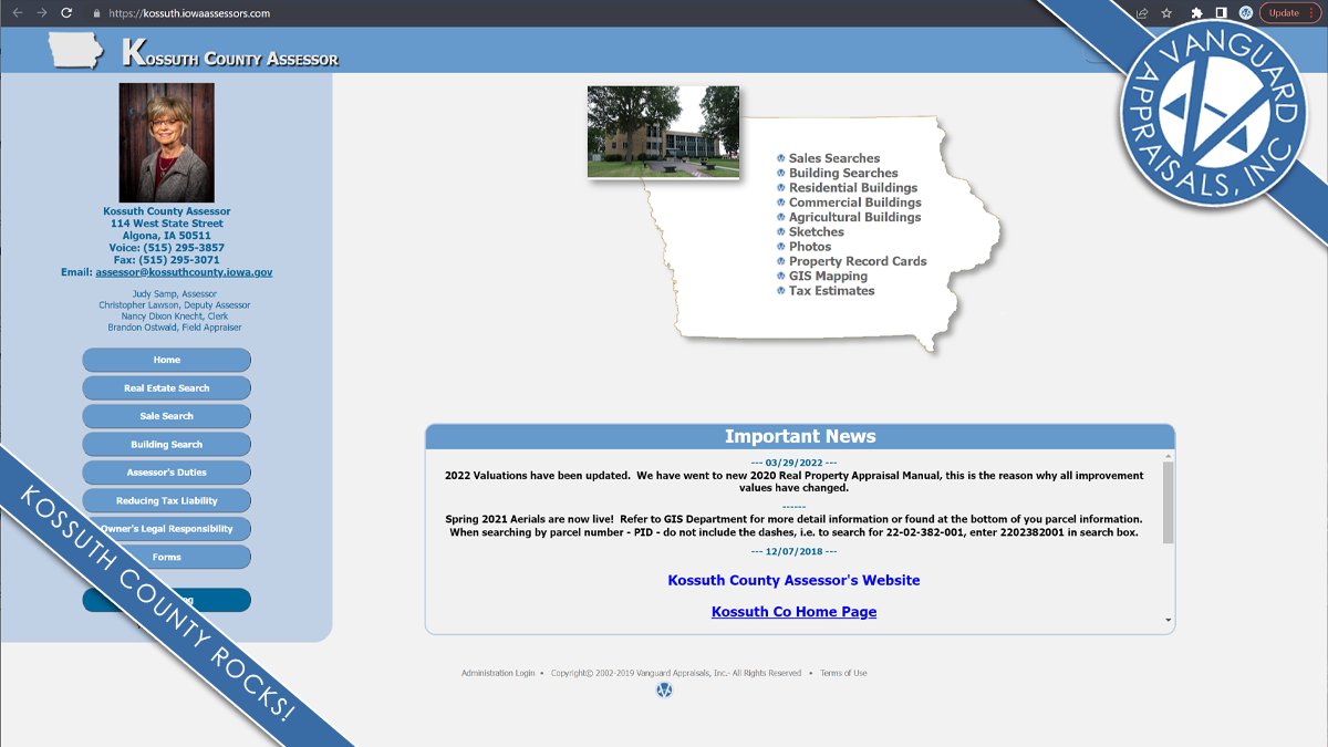 cama_vision's tweet image. For this week's #VanguardWebsiteSpotlight, we are highlighting Kossuth County, Iowa. Visit their site at kossuth.iowaassessors.com.  Thank you very much for being our client. Kossuth County, Iowa Rocks!
#VanguardRocks #BuildingSearch #SalesSearch #ParcelSearch #PropertyRecordCard