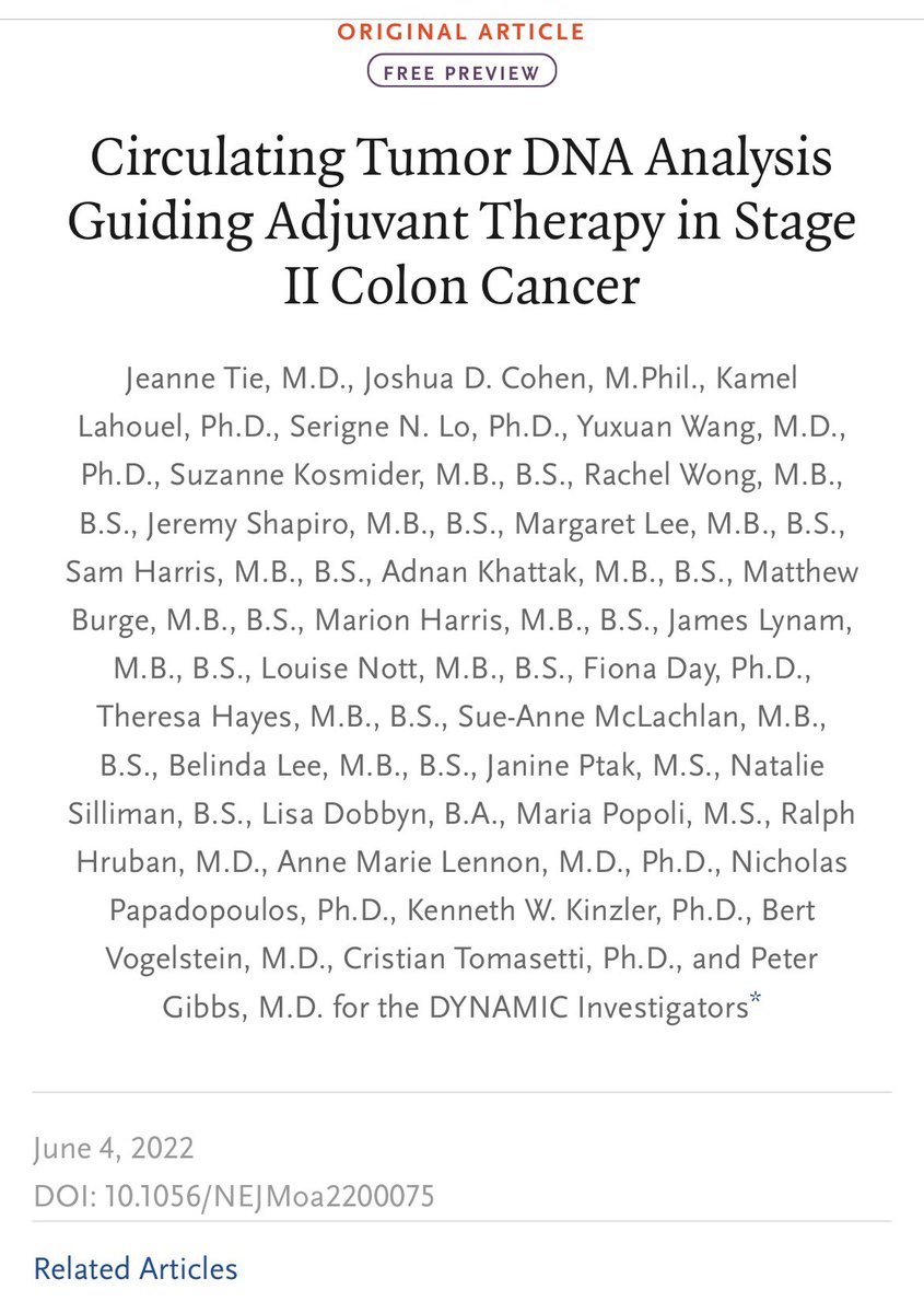 I would like to do my 2nd deep dive post #ASCO22 analysis on #ctDNA guided adjuvant therapy for pts with stage II colon cancer‼️

✳️The DYNAMIC trial is certainly step forward (kudos) ‼️But doesn’t answer many questions❗️@OncoAlert @manjuggm @CrcChange  @TheColonClub Why ?👇