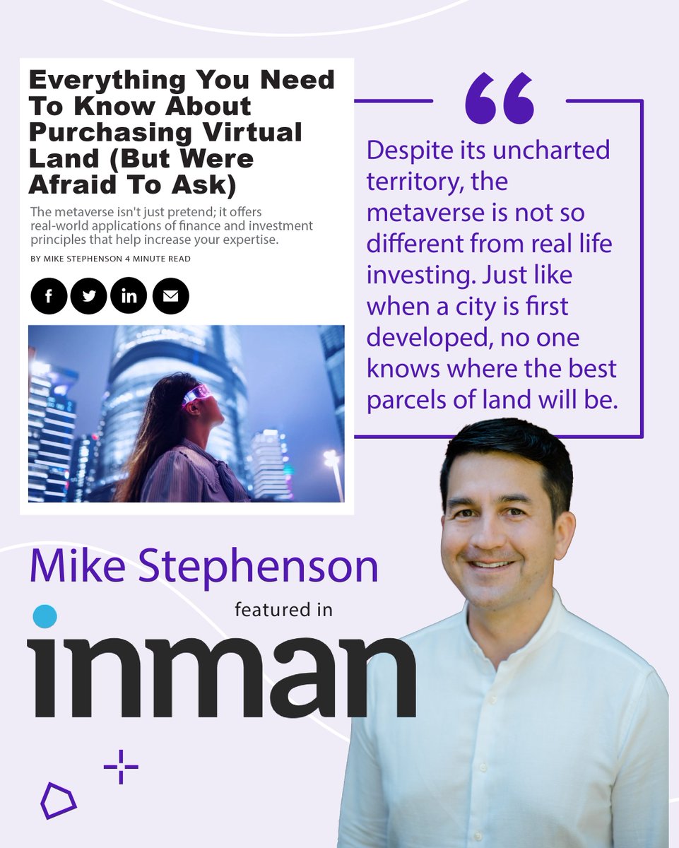 MikeCStephenson's tweet photo. Metaverse real estate is hot but if you want my 2c — don’t go selling off all your IRL investments just yet.

I’m so excited to be featured in @Inman discussing why our relationship with the metaverse can be much more than transactional.

My take here: https://t.co/obxvM0iJOJ https://t.co/3Y12LHMhLx