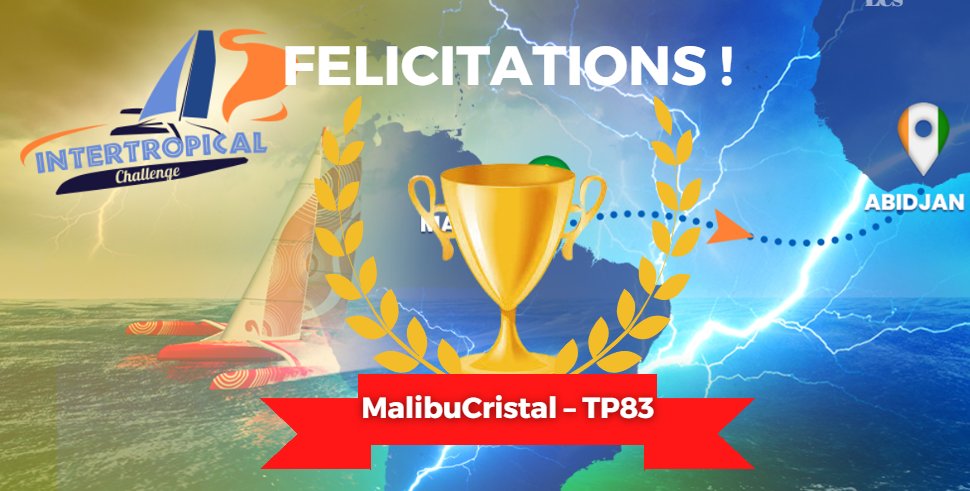 Félicitations à MalibuCristal – TP83 pour sa superbe victoire de l'Intertropical Challenge avec une arrivée en 09j, 01h, 52m, 55s 🏆

Une première place méritée avec ce parcours complexe et stratégique💥​

Un grand bravo à RasTaTrankill66_AVR et Arylla qui complètent le podium👏