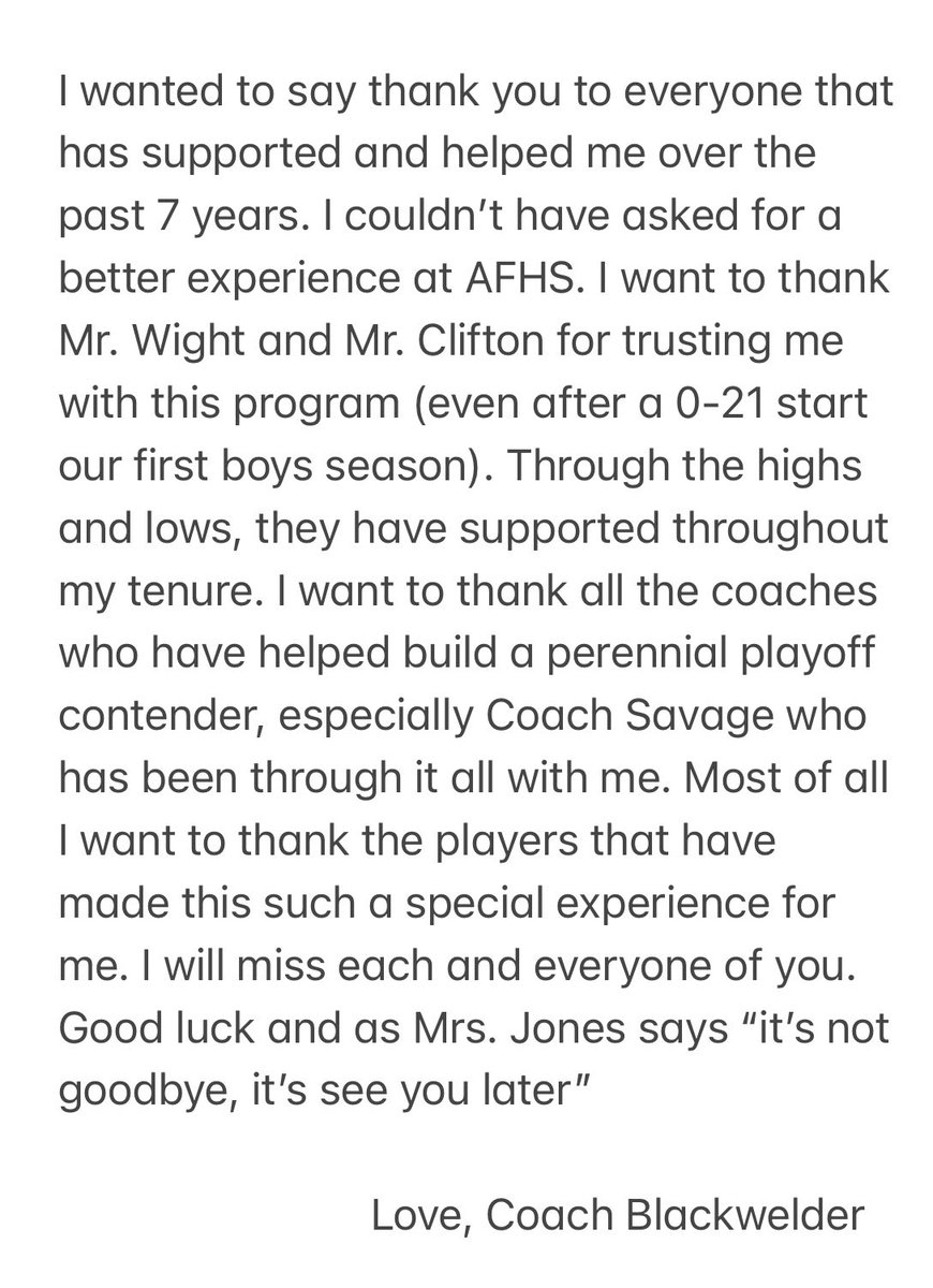 AFHS_MWSoccer's tweet photo. As many of you know, I will be transferring closer Millbrook HS next year, to be closer to my house. Below is a message from me expressing my gratitude to the AFHS community.  -Coach Blackwelder https://t.co/fWU87Jt4U7