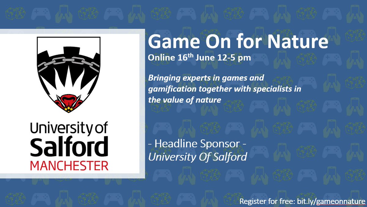We are delighted to have
<a href="/SalfordUni/">University of Salford</a> as our Headline Sponsor for the inaugural Game On for Nature event - 16/06!

🎮🎲🌳🌻

Sign up to hear from world leaders in valuing nature &amp; novel engagement activities: bit.ly/gameonnature
 
#Game4Nature

<a href="/SalfordUniNews/">Salford Uni News</a>
@scicommsalford