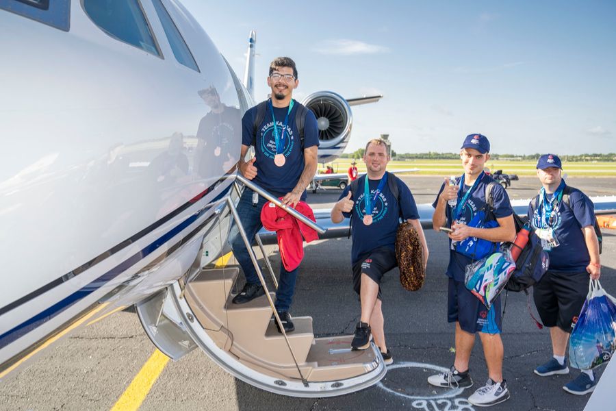 Textron's tweet image. After an amazing week competing at the @2022USAGames, it was time for the athletes to return home as champions and @TextronAviation was honored to be there and help these athletes return home safely! #SOA2022 #specialolympics