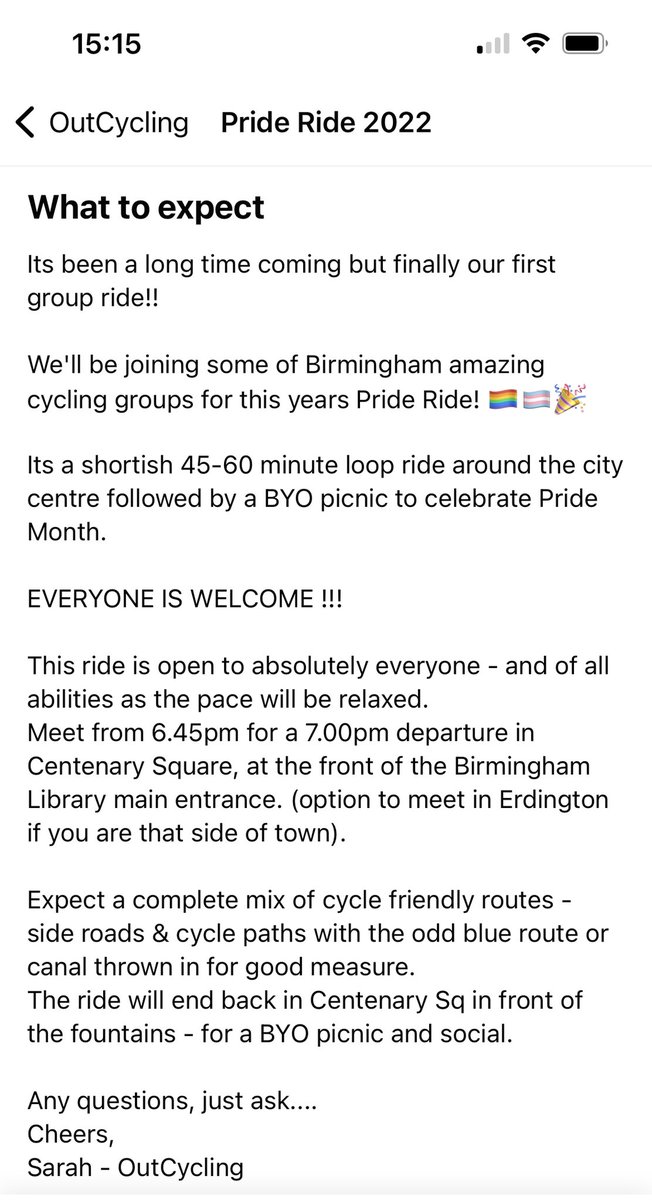 Don’t forget this Friday 24th we’re joining Birmingham cycling groups in this years Pride Ride to celebrate #PrideMonth 🏳️‍🌈🏳️‍⚧️
Details are below or head over to our Facebook page to click “going” or just rock up!  Bring your bike &amp; your rainbows!! 🚴🏼‍♀️🚴🏻🚴🏻‍♂️🌈