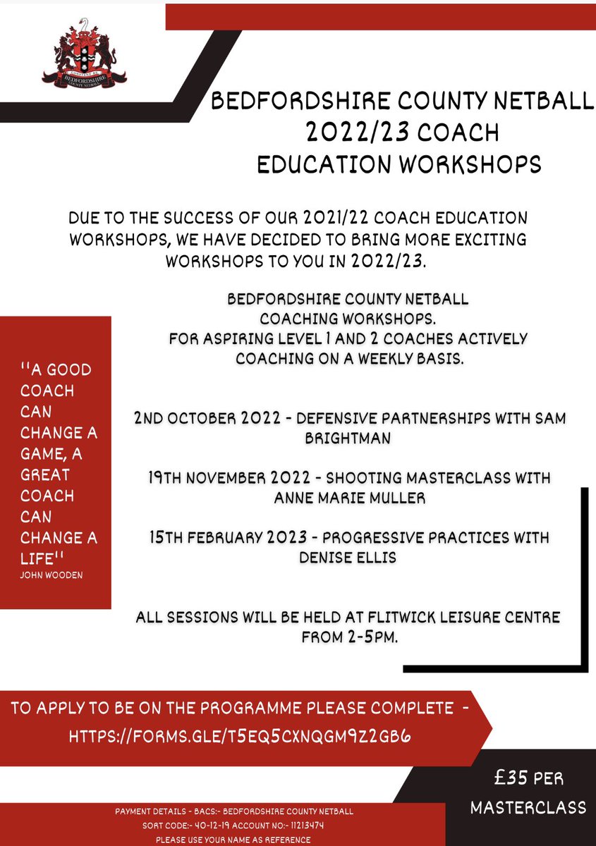 BedsCountyNet's tweet image. 📣 Calling all Coaches 

Due to the success of our 2021/22 Coach Education Workshops we have decided to run more workshops in 2022/23. 

To apply - forms.gle/ZuHQtPxhzepFKe…

#coacheducation #netballinbeds  

@BedsCountyNet @NetballinBeds @BedfordCNetball @BedsNetball @BedsUniSport