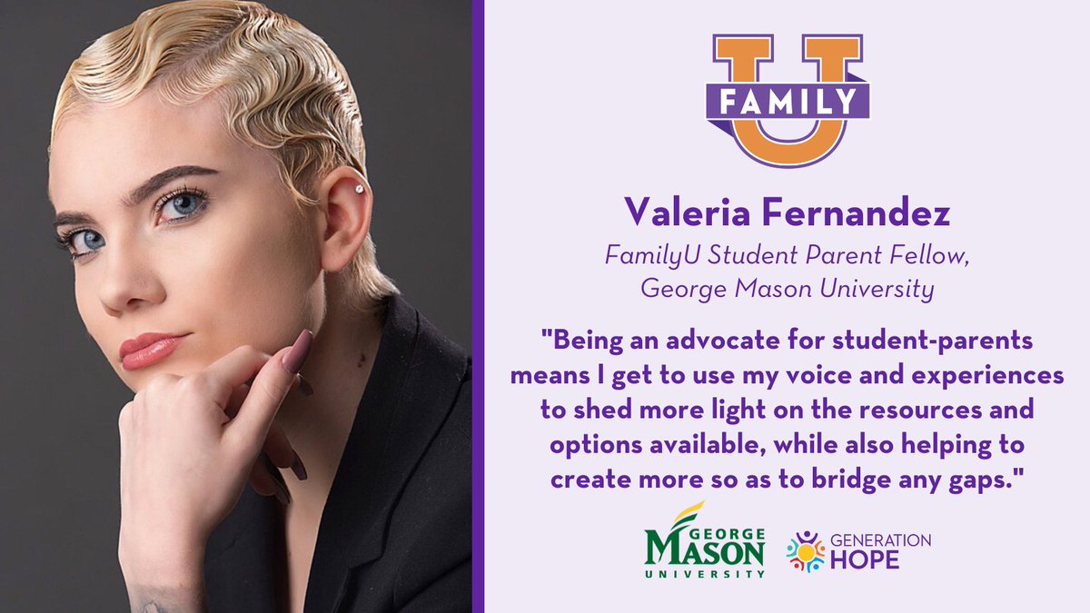 Congrats to Valeria Fernandez, <a href="/GeorgeMasonU/">George Mason University</a>'s #FamilyU Student Parent Fellow! Drawing on her experience raising her 1 year old daughter while studying psychology, she'll work with <a href="/MasonULife/">Mason ULife</a> &amp; <a href="/SupportGenHope/">Generation Hope</a> staff this year to create institutional change for #StudentParents!