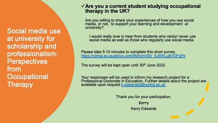 Calling all occupational therapy students in the UK -please help me understand how you use social media,or not, for learning at university by completing this online survey yorksj.eu.qualtrics.com/jfe/form/SV_6J…