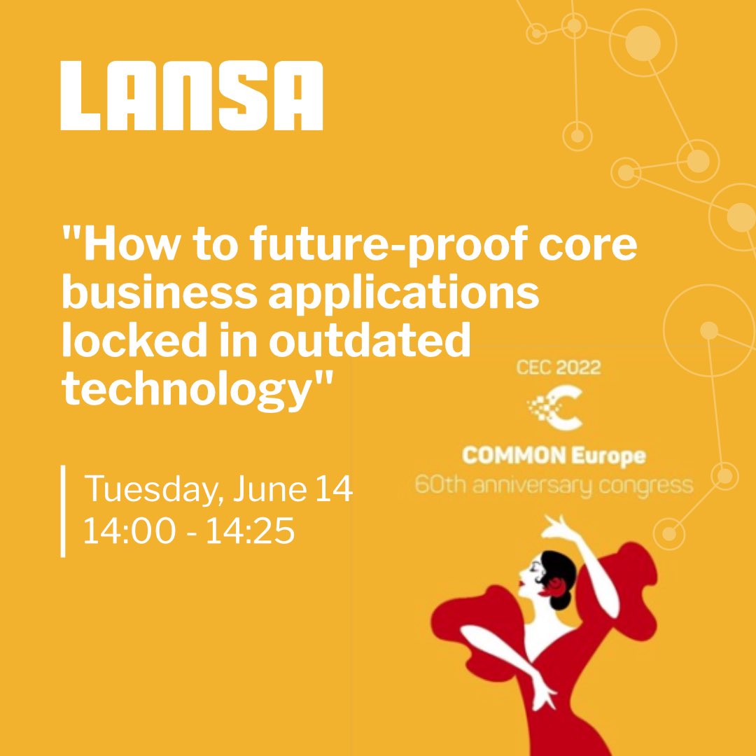 LANSA's tweet photo. Are you attending the @CommonEurope Congress 2022? Join Eugene King tomorrow at 2 pm for a session on how to future-proof core business applications locked in outdated technology.
#ComEur #IBMi #AIX #CommonEurope #IBMPowerSystems https://t.co/sP7vht3dLV