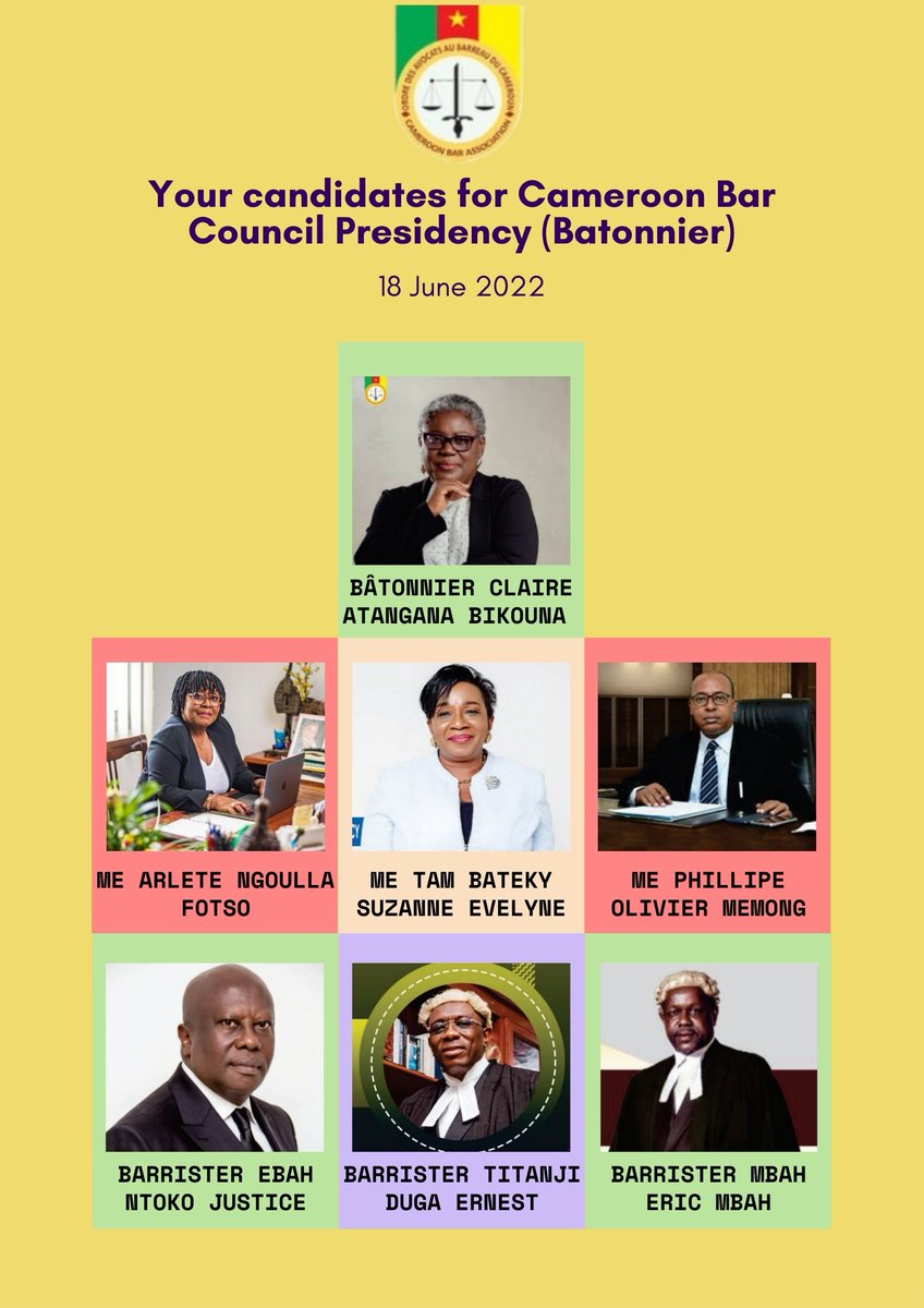 Voici les 7 Candidats au Bâtonnat de l'Ordre des avocats au Barreau du Cameroun pour les élections  du 18 juin 2022. 
Environ 3600 avocats devront élire parmi leurs pairs 15 membres du Conseil de l'Ordre, puis choisiront parmi ces 15 un Bâtonnier. 
Bonne chance à tous! 
#Cameroon