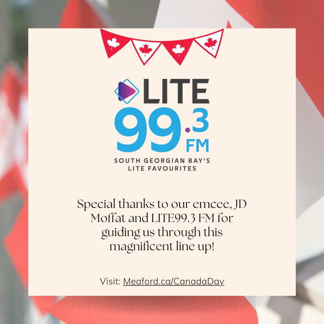 We've got amazing live music for Canada Day!  

Special thanks to our emcee, JD Moffat, and <a href="/Lite993FM/">Lite 99.3</a>  for guiding us through this magnificent lineup!

Check out Meaford.ca/canadaday for more info. 

#meafordontario #meaford #discoverontario #livelovemeaford