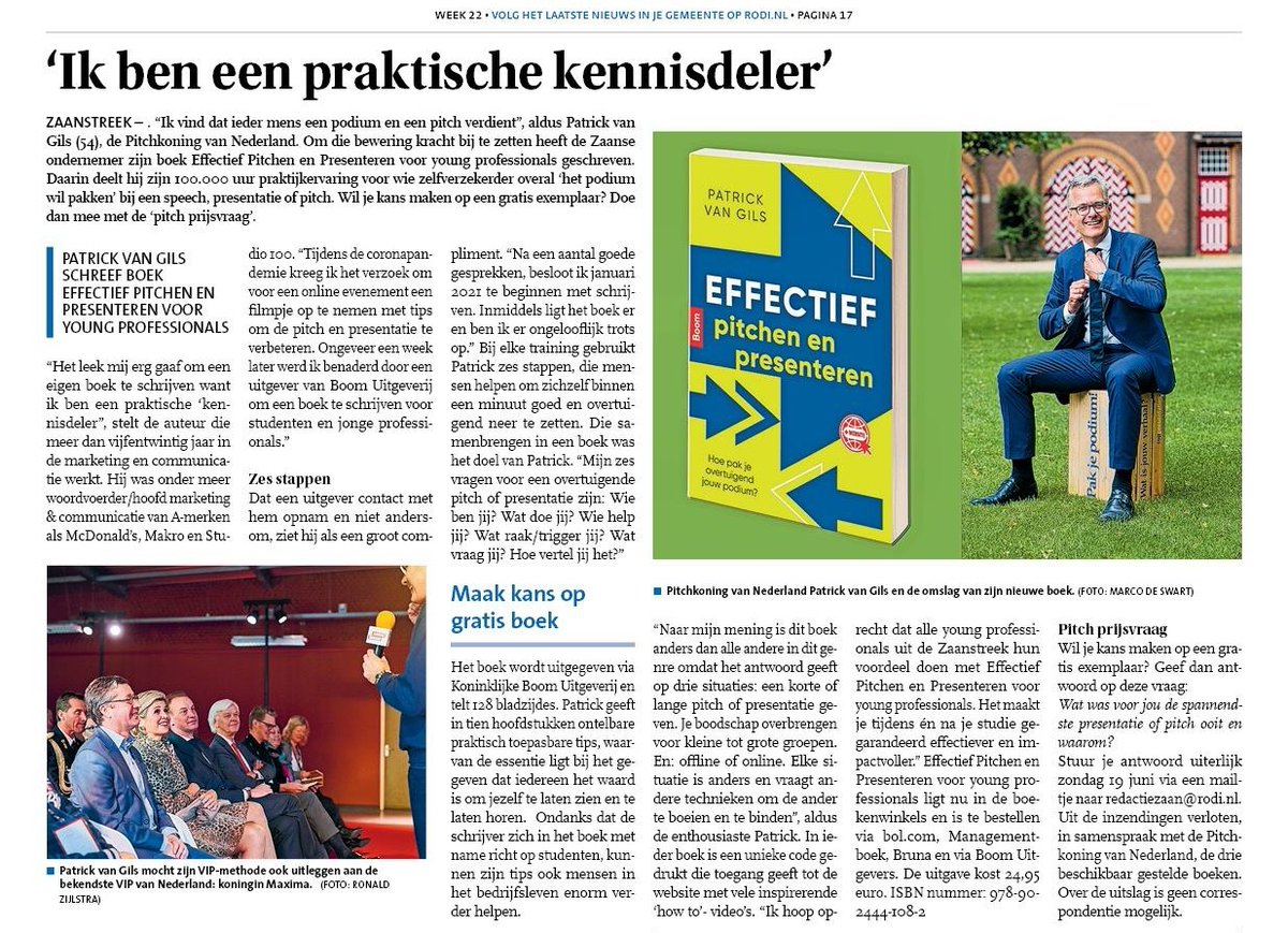 "Ik vind dat ieder mens een podium en een pitch verdient' Elke situatie is anders en vraagt om andere technieken om anderen te boeien en te binden"
<a href="/PatrickJvanGils/">Patrick van Gils</a>  is recent geïnterviewd voor het Zaanse stadsblad over Effectief pitchen en presenteren: lnkd.in/ee2Sibmf