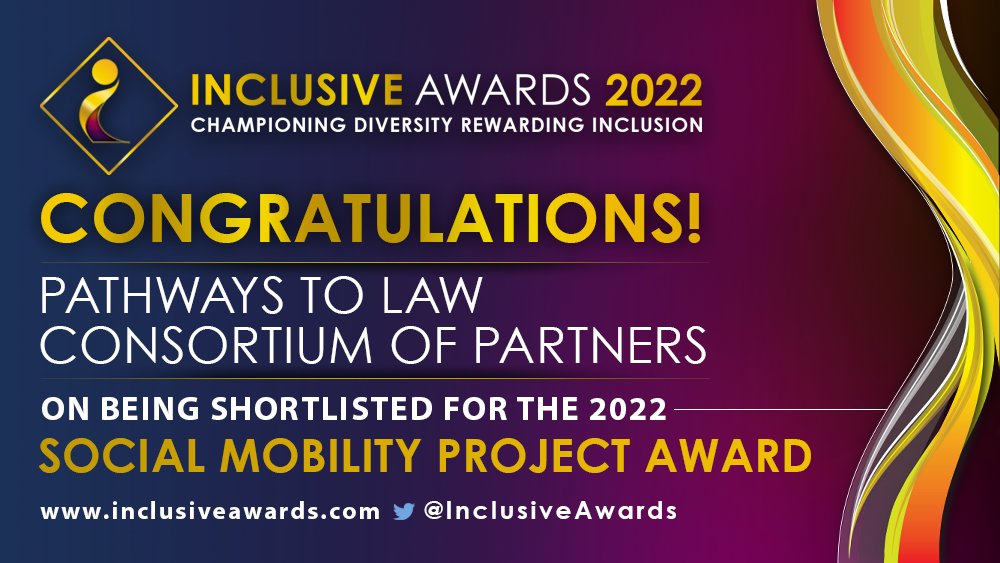 suttontrust's tweet photo. Huge congratulations to our Pathways To Law Consortium Partners, who have been shortlisted for 'Social Mobility Project' award @InclusiveAwards 2022 🎉

Being shortlisted from over 1,000 nominations is a testament to your devotion to the equality, diversity and inclusion agenda👏 https://t.co/zzyfGF3YbZ