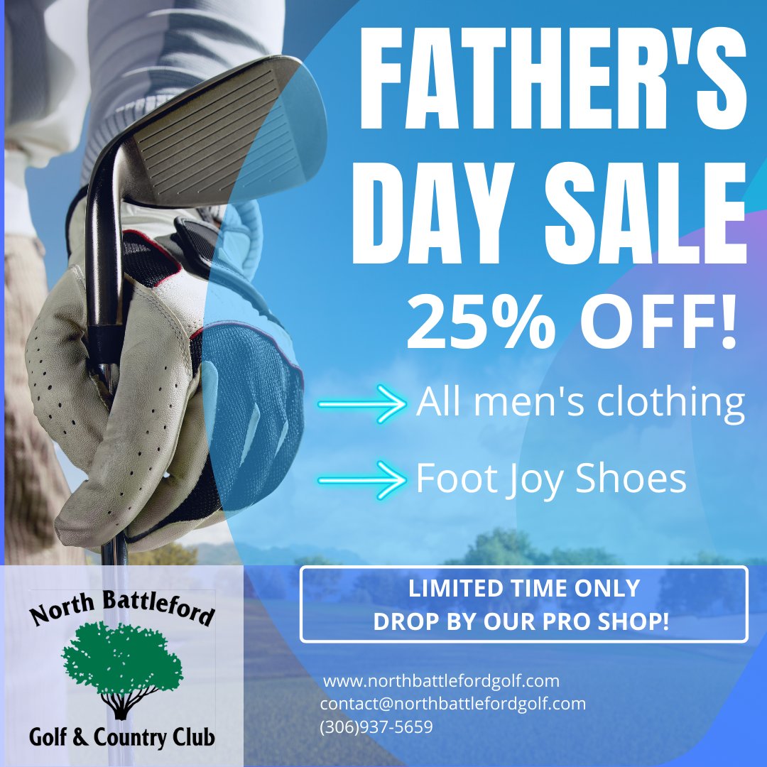 Looking for a special way to say thank you, dad? We've got you covered with a great discount on all men's clothing &amp; <a href="/FootJoyCA/">FootJoy Canada</a> shoes. Stop by the pro shop and we'll be glad to help you out! #NorthBattleford #Golf #Saskatchewan