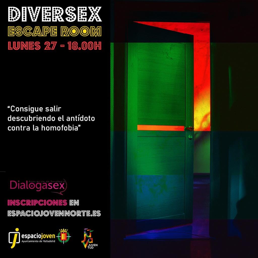 El lunes 127 repetimos el Escape Room 'Diversex' entorno al #28J
.
Te esperamos en el @espaciojovennorte de #Valladolid a las 18h para pasar un rato divertido aprendiendo sobre diversidad sexual. 
.
Inscripciones en: espaciojovennorte.es/events/escape-…