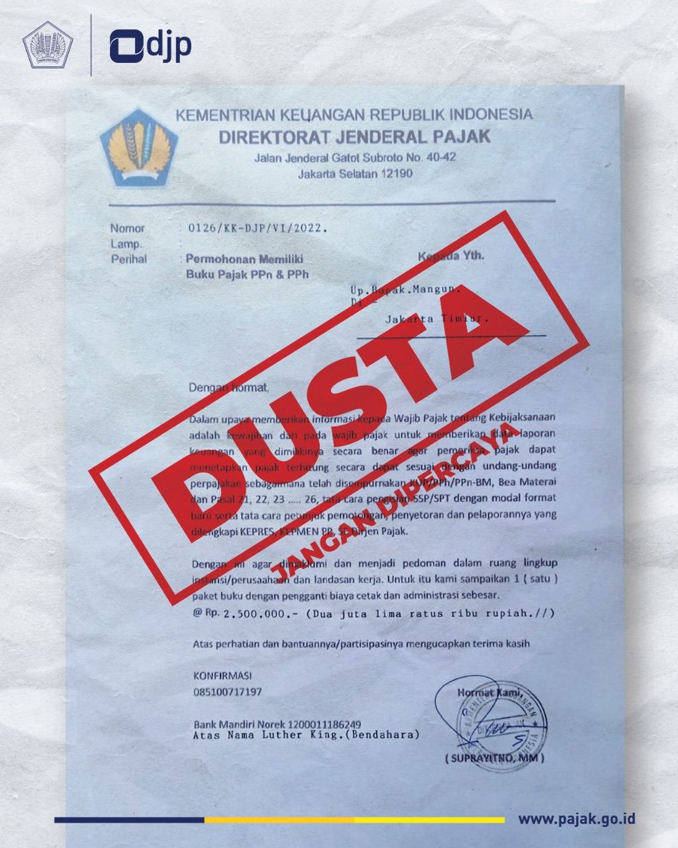 DitjenPajakRI's tweet photo. Waspada!!

Abaikan apabila #KawanPajak mendapatkan surat permohonan memiliki buku Pajak PPN dan PPh karena surat seperti ini merupakan PENIPUAN yang mengatasnamakan DJP. 

👇👇 https://t.co/A8jdeXZPOw