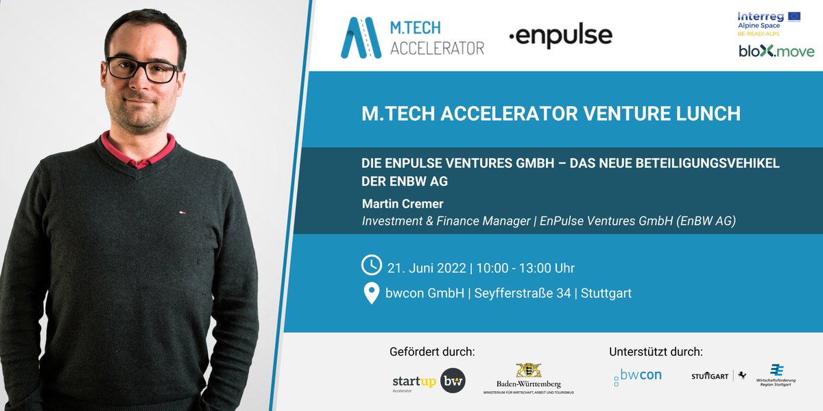 mtechaccelerate's tweet photo. Nächsten Dienstag findet das nächste @mtechaccelerate Venture Lunch statt! Martin Cremer stellt mit Enpulse den neuen Ansatz der @EnBW zum Corporate Venturing vor. 🥗💡
Zum Abschluss gibt es genug Zeit für das gemeinsame Mittagessen und Netzwerken.  ➡️ https://t.co/XkB4DY8vhy https://t.co/ebrG4DYax6