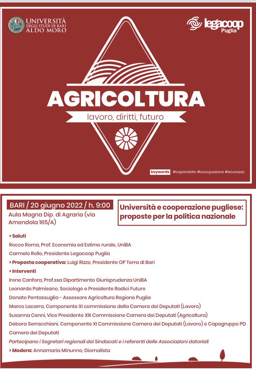 1)SICUREZZA, 2)CONTRATTI DI LAVORO, 3)CONTRASTO AL CAPORALATO. 

3 PROPOSTE PER L’AGRICOLTURA ITALIANA ALLA POLTICA NAZIONALE. 

INCONTRO IL 20 GIUGNO ALLE 9 PROMOSSO DA #UNIBA E #LEGACOOP #PUGLIA. 
<a href="/LegacoopPuglia/">Legacoop Puglia</a>