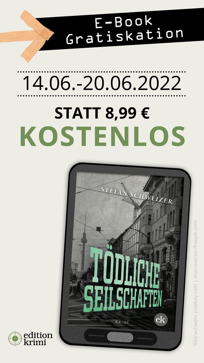 SchweizerDr's tweet photo. - Anzeige -
Ab Dienstag, den 14. Juni 2022 bis zum 20. Juni 2022 kostenlos erhältlich!!!
Die EBook-Version meines bei Edition Krimi erschienenen Hardboiled- und Noir-Krimis "Tödliche Seilschaften" gibt es ab morgen kostenlos.
Sie sparen 8,99 €
Jetzt zugreifen! https://t.co/JvWfGSARe9