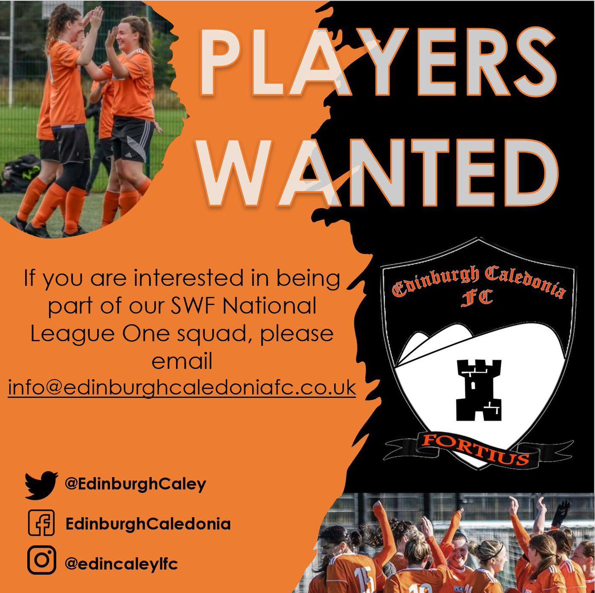 *** NEW PLAYERS WANTED ***

We’re looking to add new players to our SWF National League One team for the upcoming season. 

Interested in joining?? 

📧Info@edinburghcaledoniafc.co.uk

<a href="/SWFLeagueOne/">Barclays Scottish Women's League One</a> 

Full Details Below ⬇️