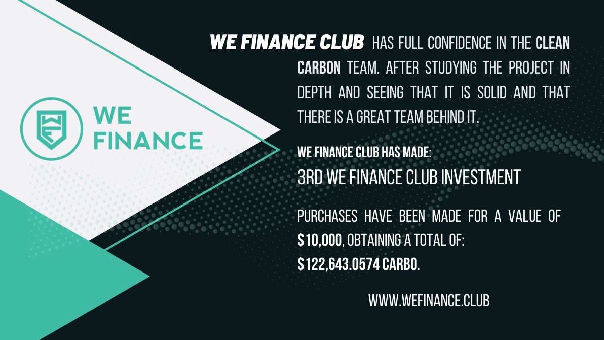 WeFinanceClub's tweet photo. ✊¡WE FINANCE deposita su plena confianza en el proyecto de @cleancarbon_io! 

-

✊WE FINANCE places its trust in the @cleancarbon_io project! https://t.co/QOIGcXgP5X