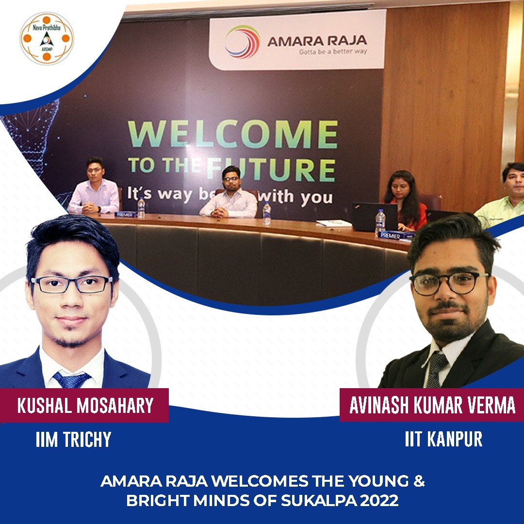 Amara Raja Group is excited to have the young and energetic minds of Sukalpa 2022 on board! We welcome the two talented recruits from India's premium institutes—Kushal Mosahary from #IIMTrichy &amp; Avinash Kumar Verma from #IITKanpur. 
#Sukalpa #Recruitment #Talent #AmaraRajaGroup