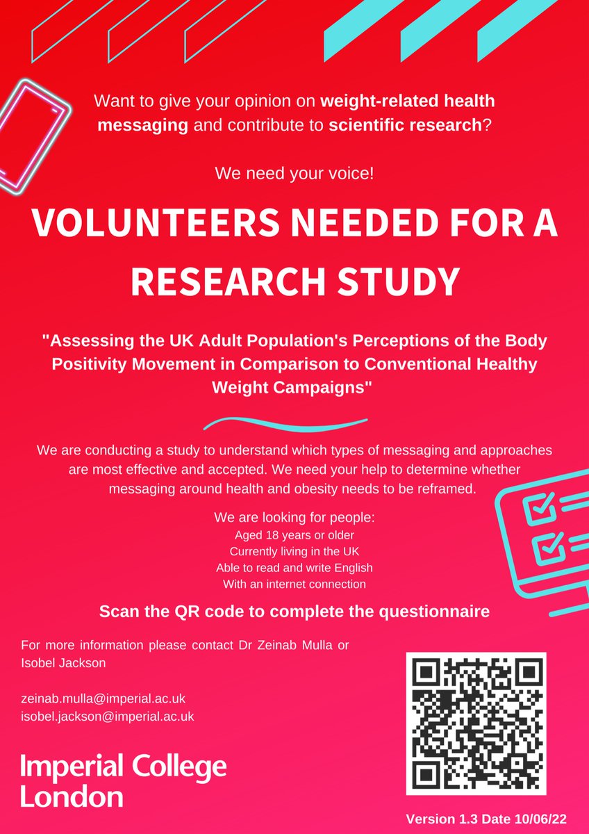 Dr Zeinab Mulla FHEA RNutr (@mullazeinab) on Twitter photo Please take part in this important research you can on click, should take ~30mins and would really help us shed some insight on this!
imperial.eu.qualtrics.com/jfe/form/SV_1F…
<a href="/HenockBTaddese/">Henock B. Taddese</a> <a href="/ImperialSPH/">Imperial School of Public Health</a> <a href="/Imperial_PCPH/">Department of Primary Care & Public Health</a>
#bodypositivity #obesity #obesitypolicy #nutritionpolicy Please take part in this important research you can on click, should take ~30mins and would really help us shed some insight on this!
imperial.eu.qualtrics.com/jfe/form/SV_1F…
<a href="/HenockBTaddese/">Henock B. Taddese</a> <a href="/ImperialSPH/">Imperial School of Public Health</a> <a href="/Imperial_PCPH/">Department of Primary Care & Public Health</a>
#bodypositivity #obesity #obesitypolicy #nutritionpolicy