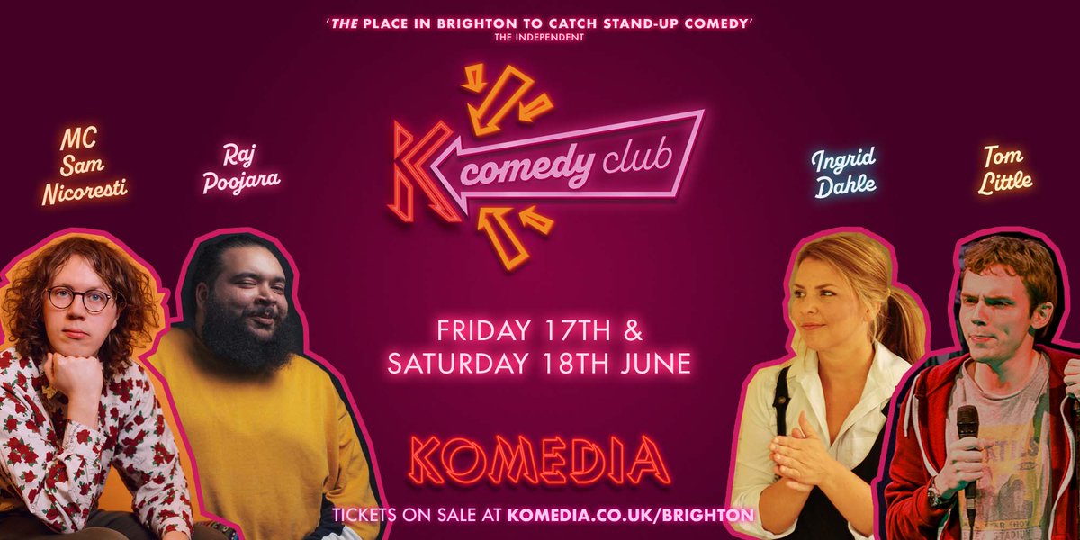 KomediaBrighton's tweet photo. In #Brighton? Cool down after a day in the sun ☀️ with a cold drink 🍺 delicious food 👨‍🍳 + hilarious comedy 🤣 at Komedia Comedy Club this Friday &amp; Saturday!

Feat. Raj Poojara, Ingrid Dahle &amp; Tom Little, MC'd by Sam Nicoresti.

Tickets from just £13pp 👉 https://t.co/P2clKegQee https://t.co/asyi9Mjr0k