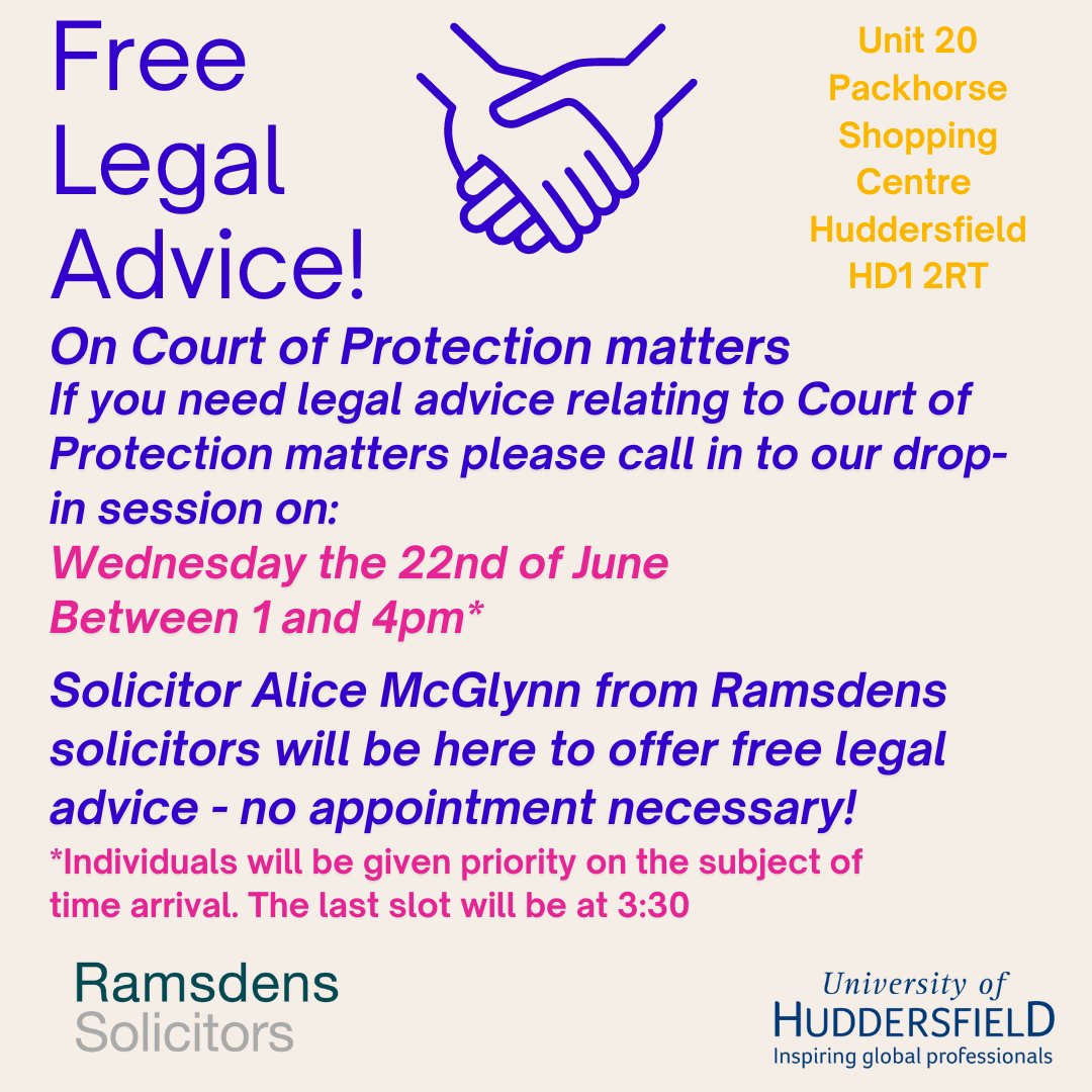 FREE legal advice drop-in session with specialist Alice McGlynn @ramsdens_solicitors. Alice specialises in Court of Protection law.
The session will run between 1-4pm on a first come first served basis, no appointment needed!😊