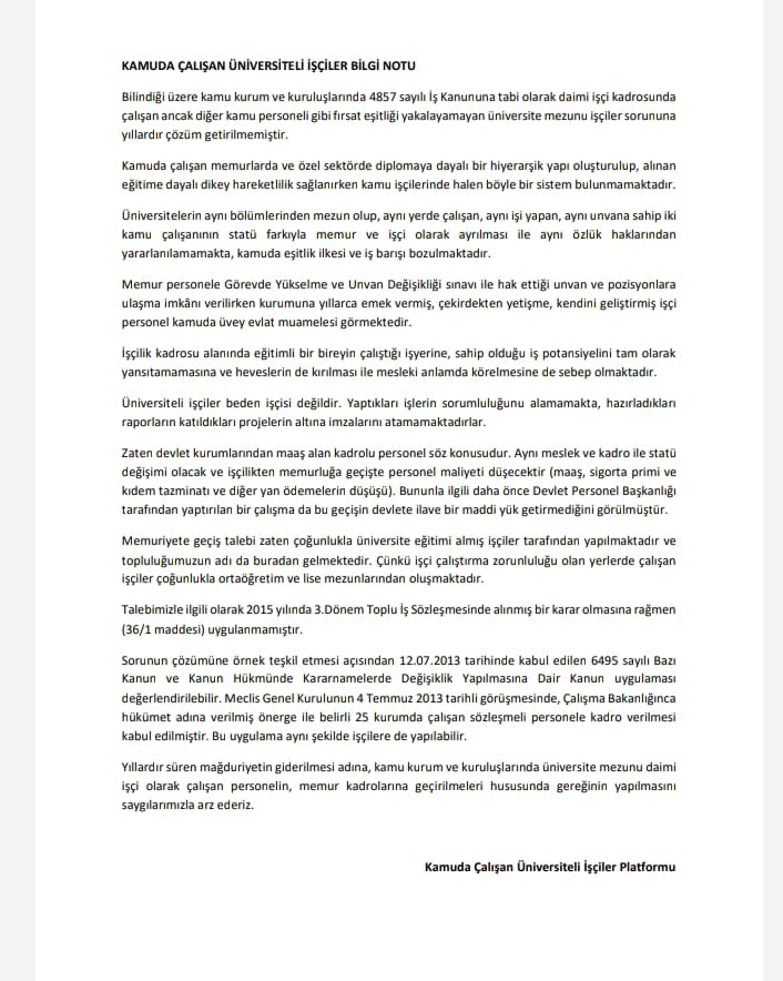 Üniversite mezunu kamu işçileri statü değişikliği bekliyor. Duyun bu sesi, çözüm bulun!
<a href="/universitelisci/">Üniversite Mezunu Kamu İşçisi</a>