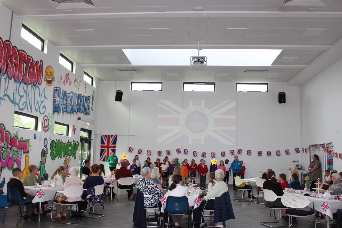 westheathprim's tweet photo. We had an amazing afternoon spent with local citizens and selected West Heath students. They were treated to a Platinum Jubilee Afternoon Tea (served by prefects), a dance by year 5, performances from the choir and performing arts club. #WHPSBritishValues #WHPSCITIZENSHIP https://t.co/wKfVglu14j