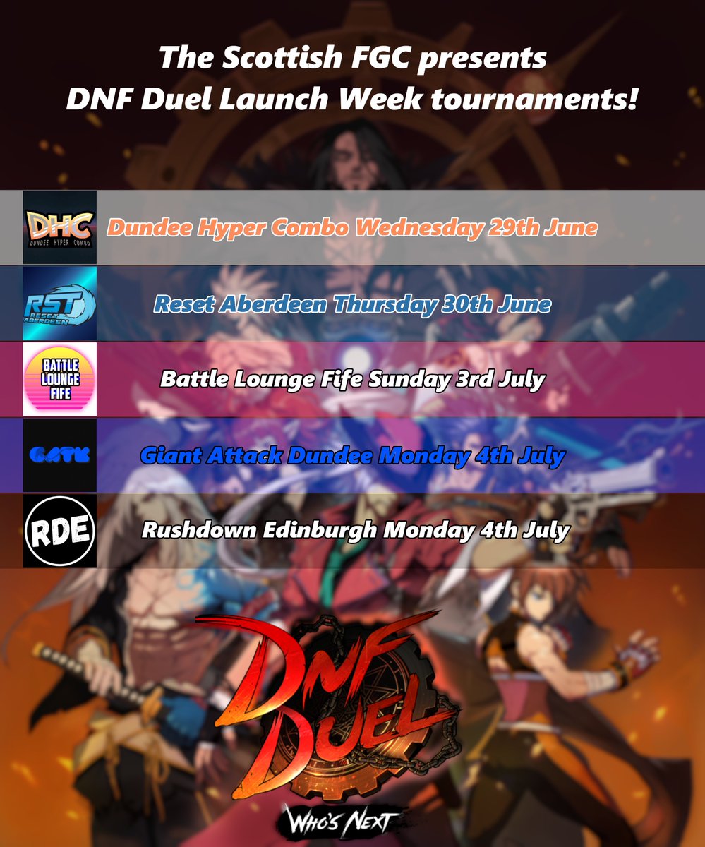 Bahamutzero84's tweet photo. Hello Scottish FGC! 

Across Scotland scenes are hosting brackets to celebrate the launch of DNF Duel! Details in the replies.

Big thanks to the TOs putting these together! Get liking and sharing our stuff so everyone knows what we're up to!

#gotoyourlocals #FGCScots #DNFDuel https://t.co/7NV9nwhtbn