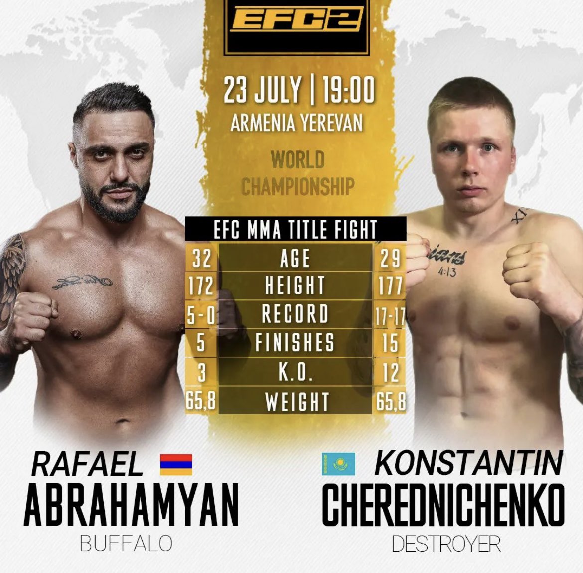 ArmFightZone's tweet photo. FIGHT NEWS ! 💥
Rafael Abrahamyan🇦🇲 (5-0)
🆚
Konstantin Cherednichenko🇰🇿 (17-17)
Le 23 juillet 🗓 à l’#EFC2 https://t.co/4RIl5ipgjc